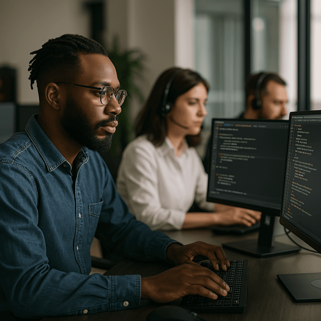 A remote product manager leading a virtual team meeting on a laptop, discussing 2025 product trends via video conference.