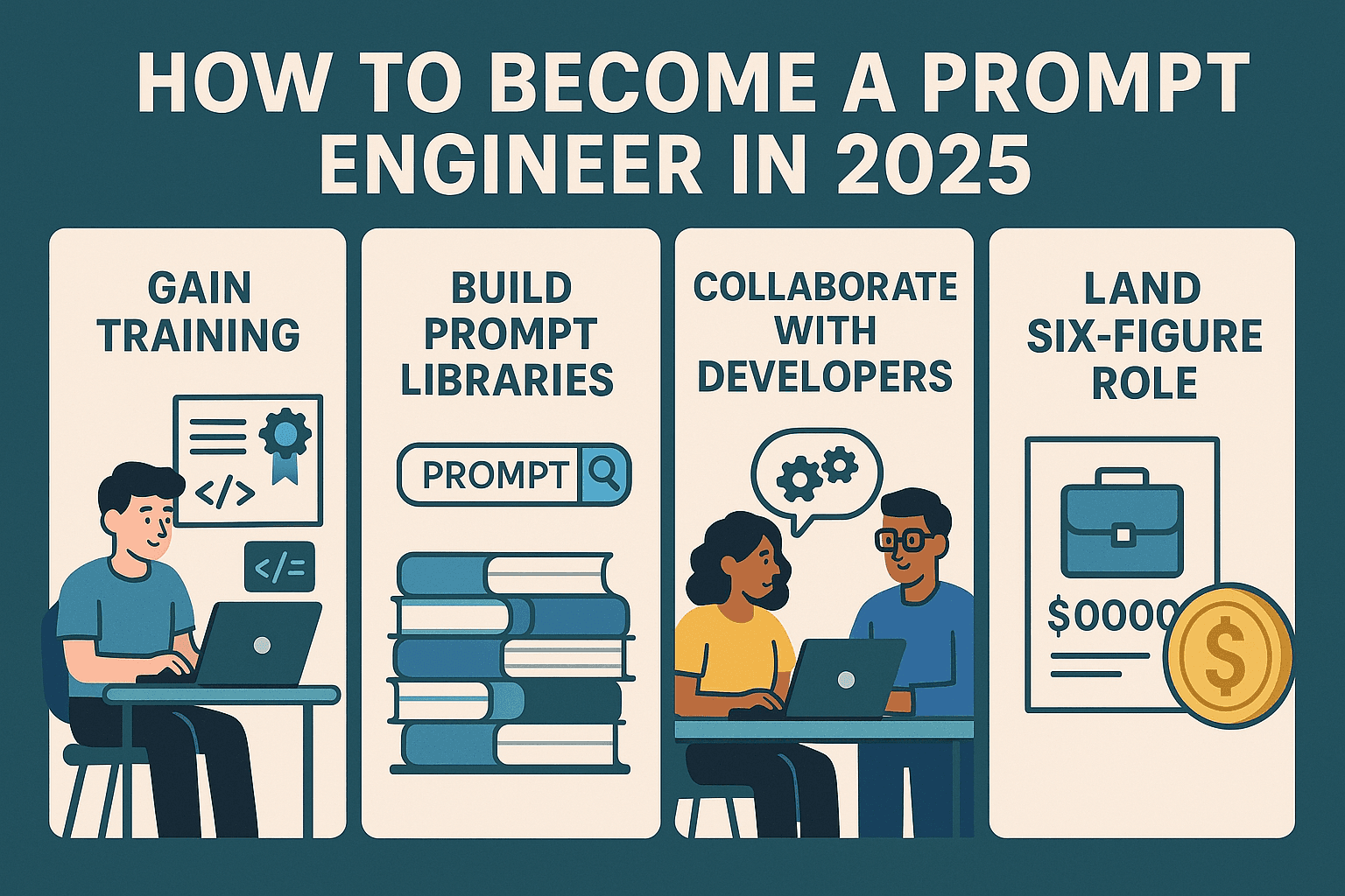 A focused learner exploring prompt engineering techniques on a laptop in a modern workspace, symbolizing the rise of AI-driven careers in 2025.