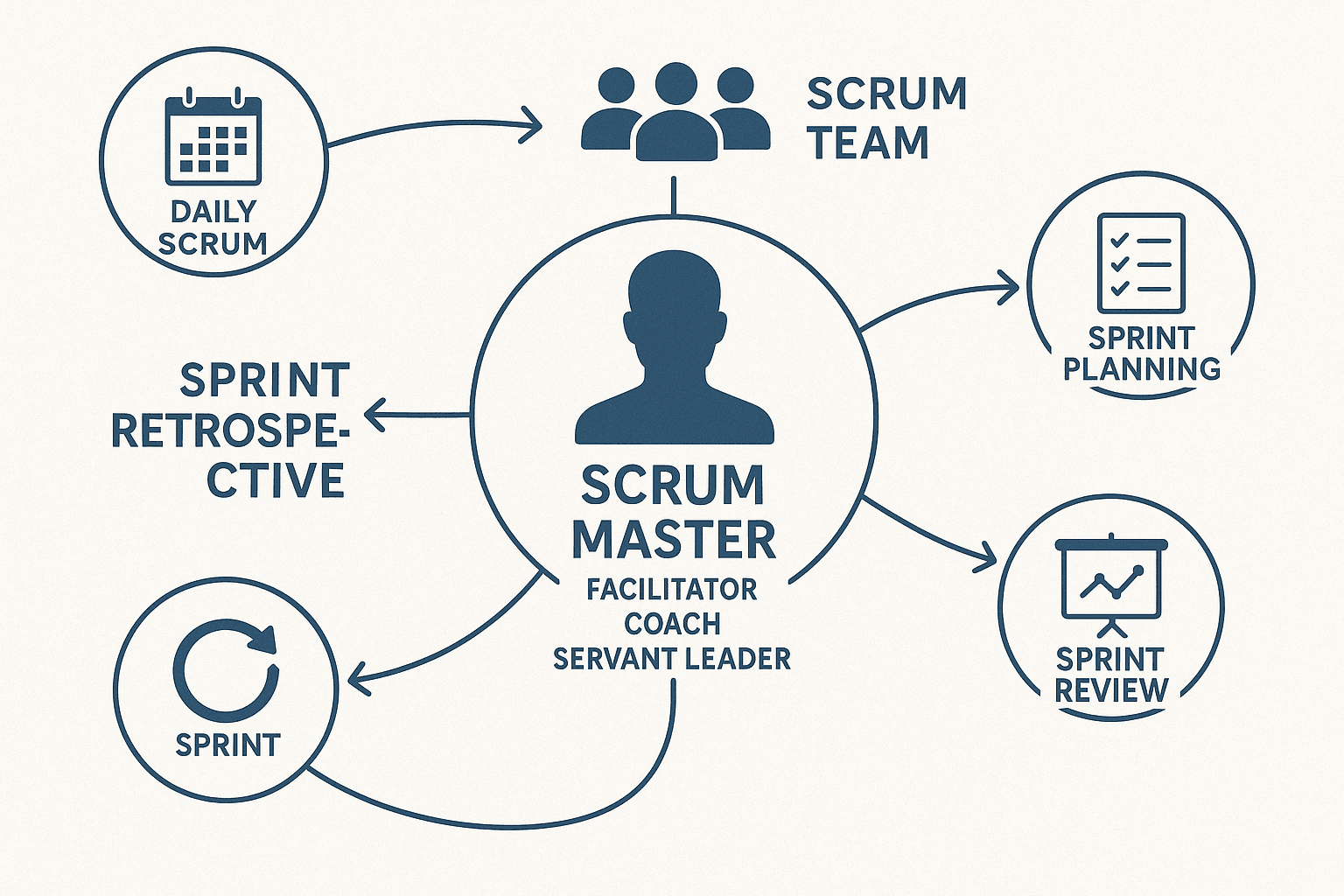 Diagram illustrating the Scrum Master role in Agile teams—facilitating Scrum ceremonies, removing impediments, and coaching team collaboration.