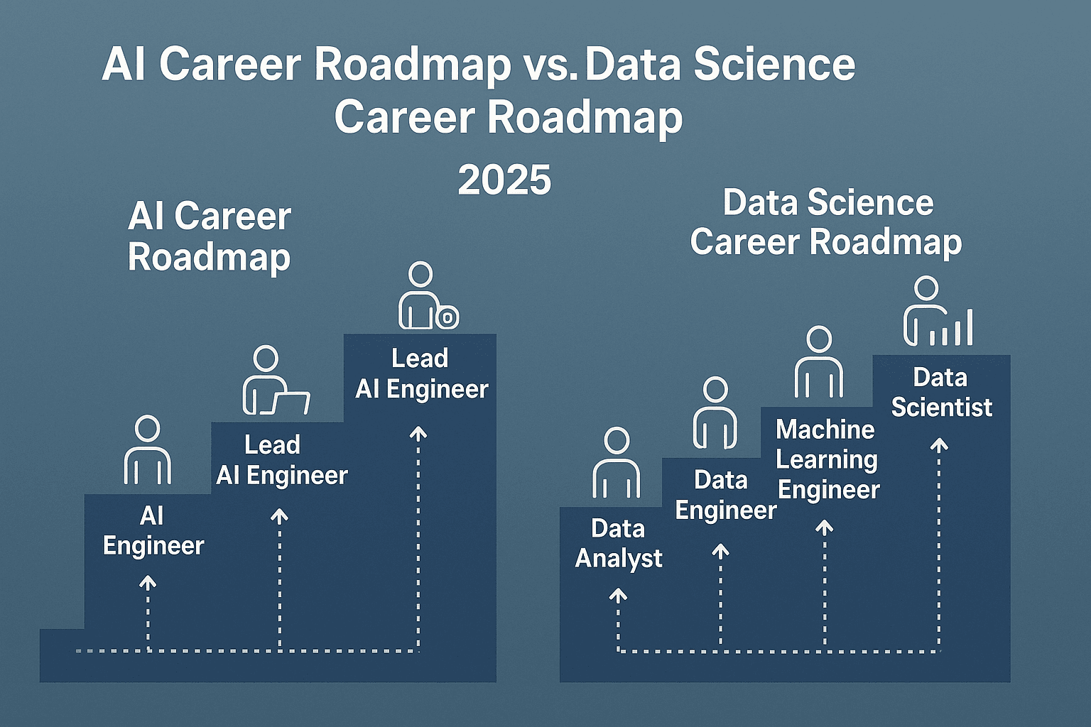 Career comparison chart showing AI and Data Science roles in 2025, including AI Engineer, Machine Learning Engineer, Data Scientist, and Prompt Engineer with skillsets, salaries, and career paths.