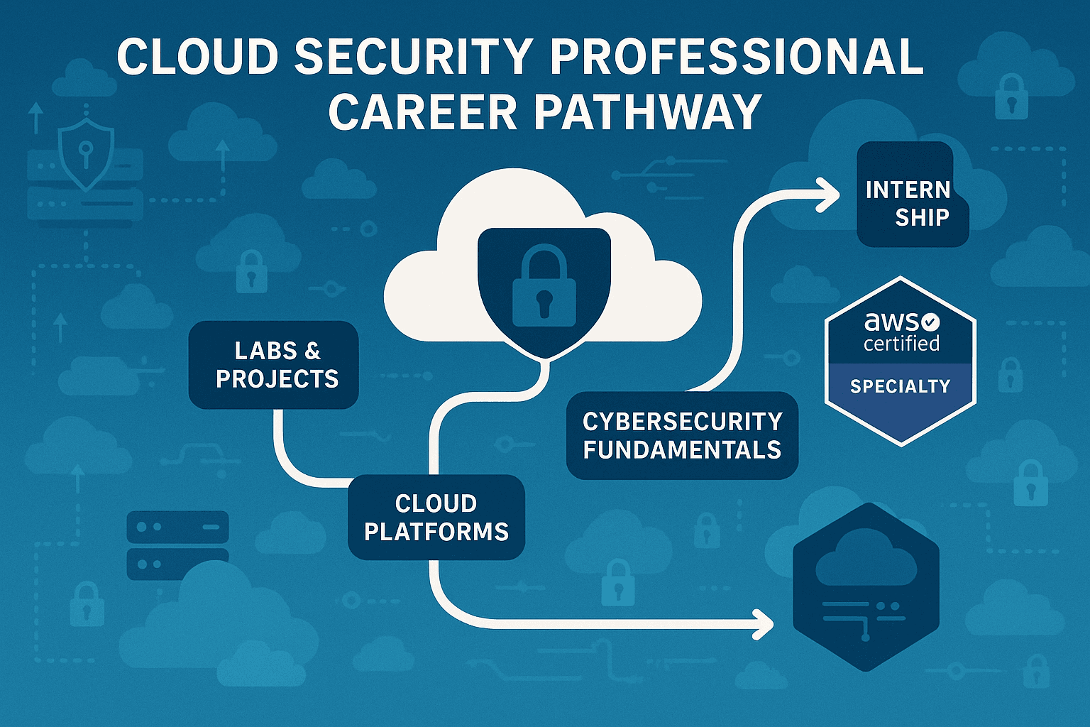 Cloud security professional working on securing cloud infrastructure with a laptop and cloud network diagram in the background