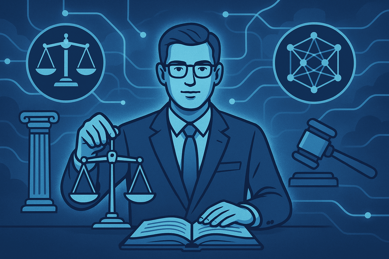 A confident AI lawyer reviewing compliance regulations on a digital screen with legal icons and AI symbols in the background.