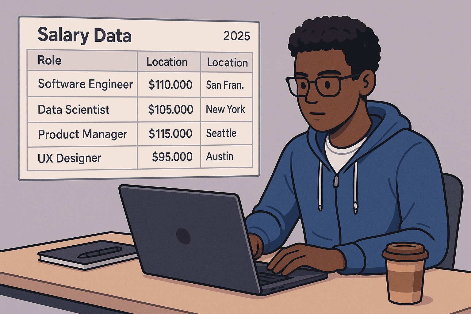 Tech intern working on a laptop in a startup office, symbolizing 2025 internship salary insights and future career opportunities.