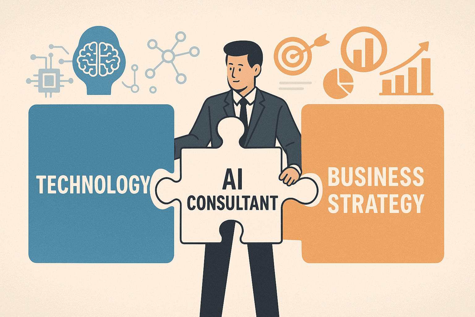 AI consultant presenting to a team, showcasing business strategy and ethical AI concepts on a digital screen, with data charts and GPT-style UI elements.