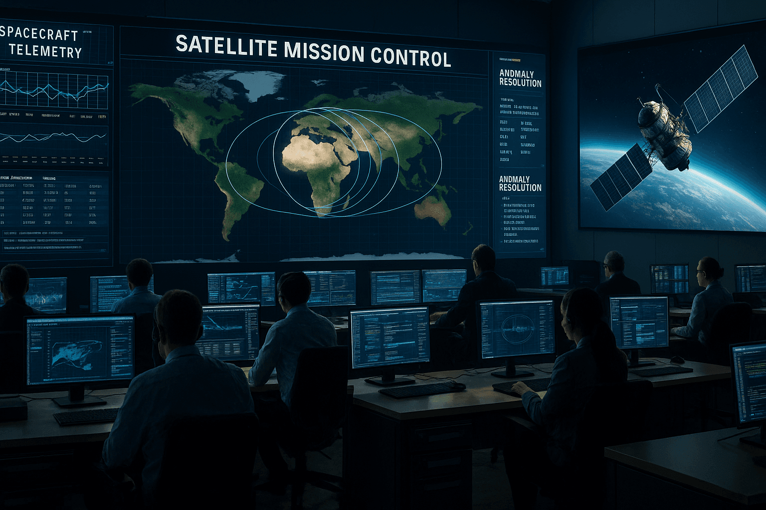 Diagram showing satellite mission operations workflow: satellite in orbit communicating with ground station and mission control center.