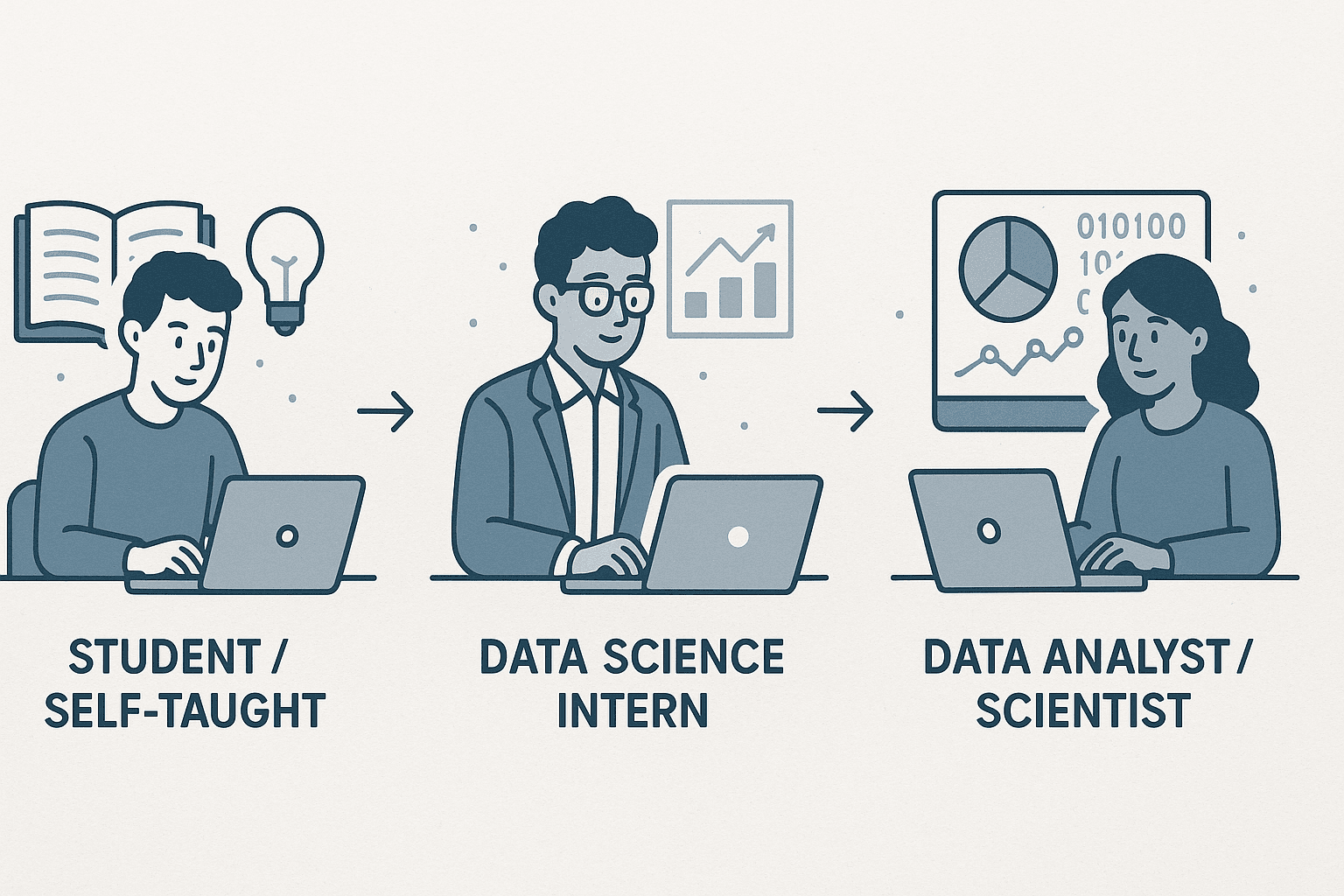 Infographic showing steps to land a data science internship: Learn skills → Build portfolio → Apply to internships → Interview → Get hired.