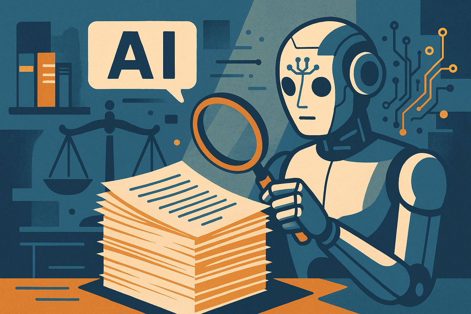 Illustration of a lawyer using AI software on a laptop to analyze legal documents, symbolizing the fusion of law and technology.