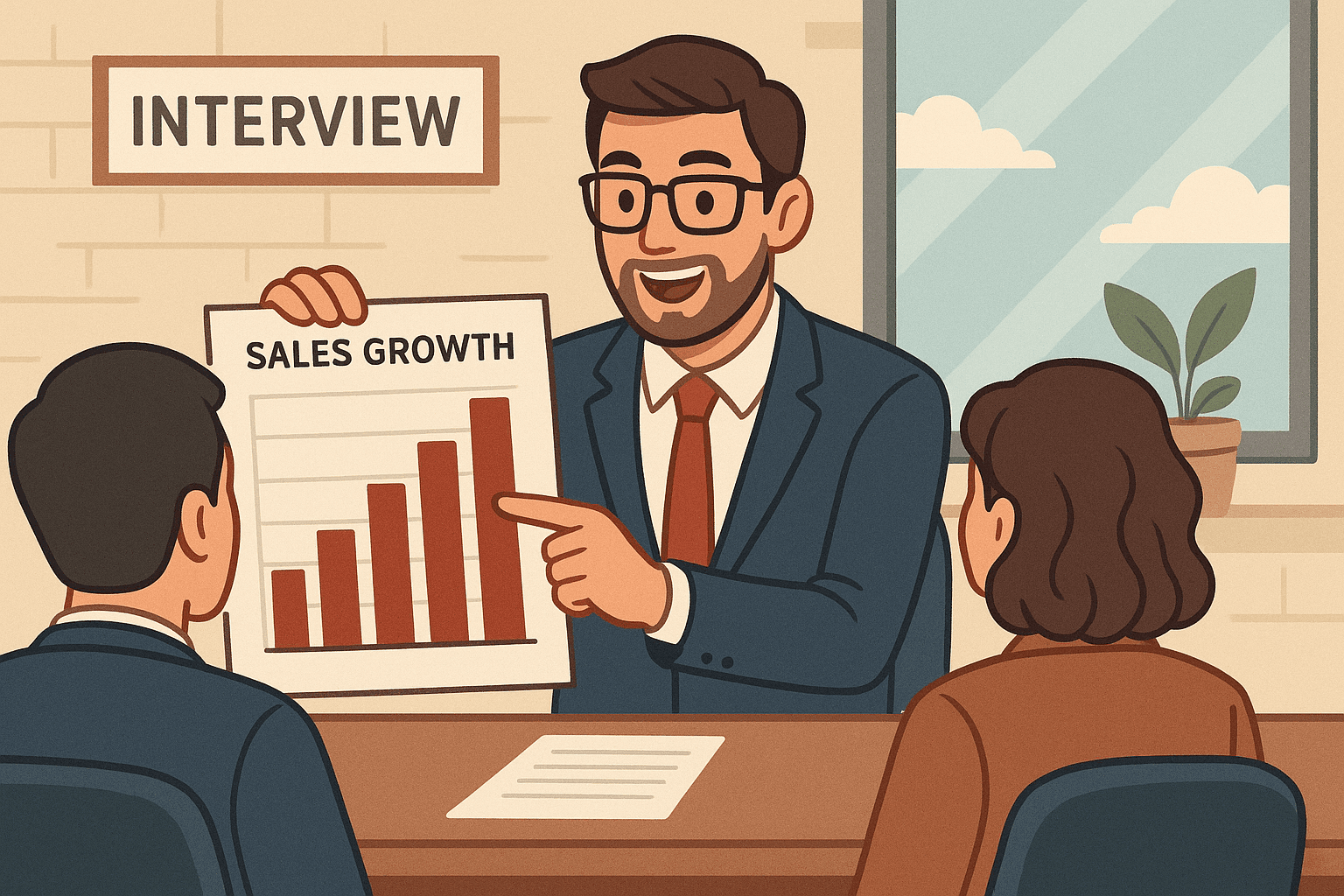 Professional showcasing a clean dashboard with Power BI on a laptop, impressing a hiring manager during a job interview.