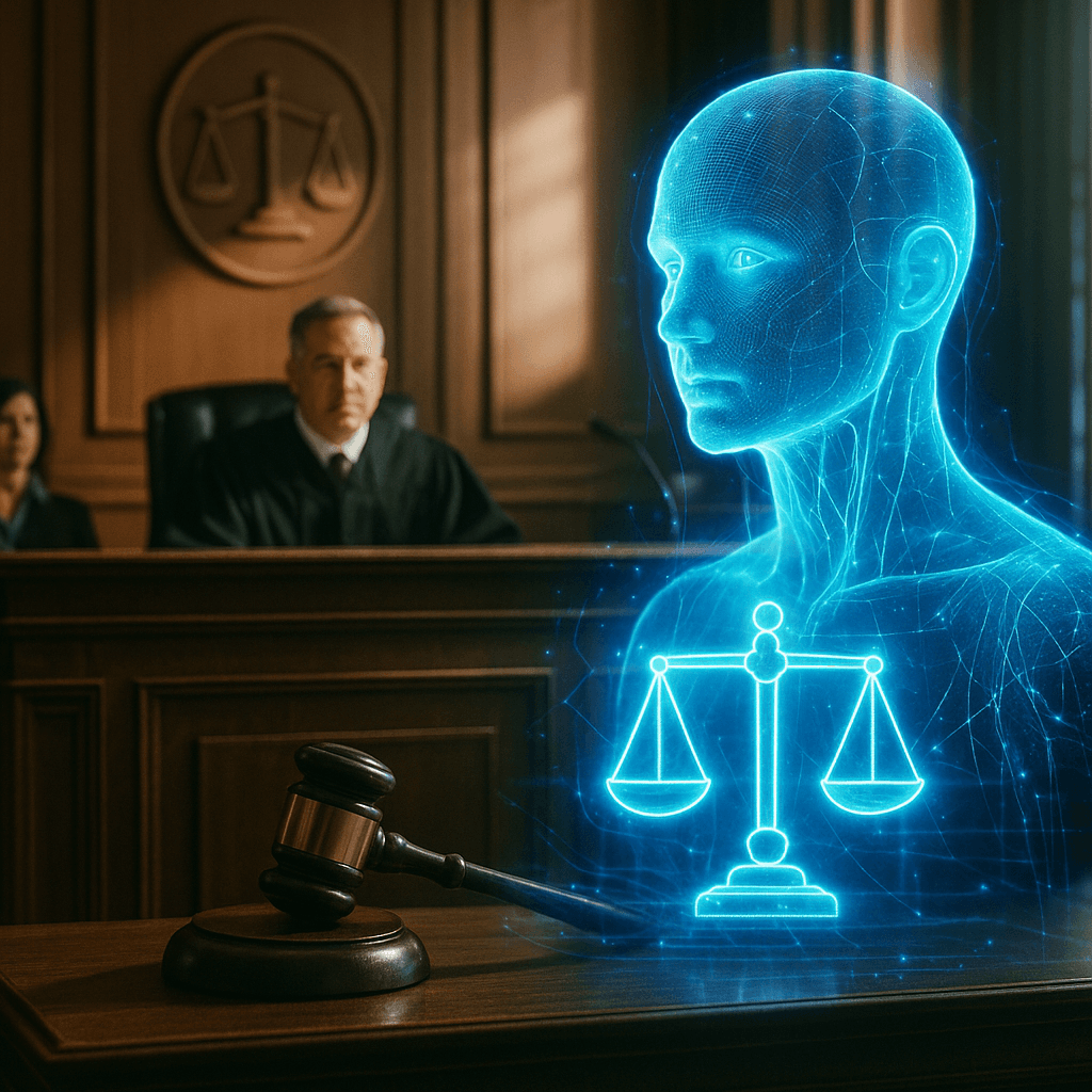 A futuristic courtroom scene or symbolic depiction showing AI integration within a traditional judicial setting.