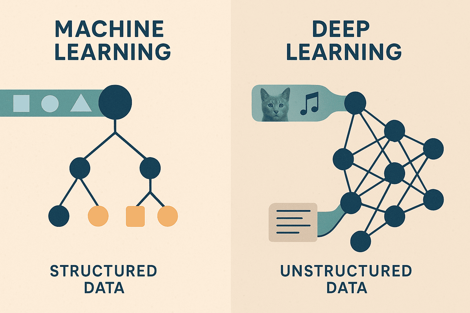 Split-screen of machine learning algorithms on one side and deep learning neural networks on the other, highlighting AI learning paths.