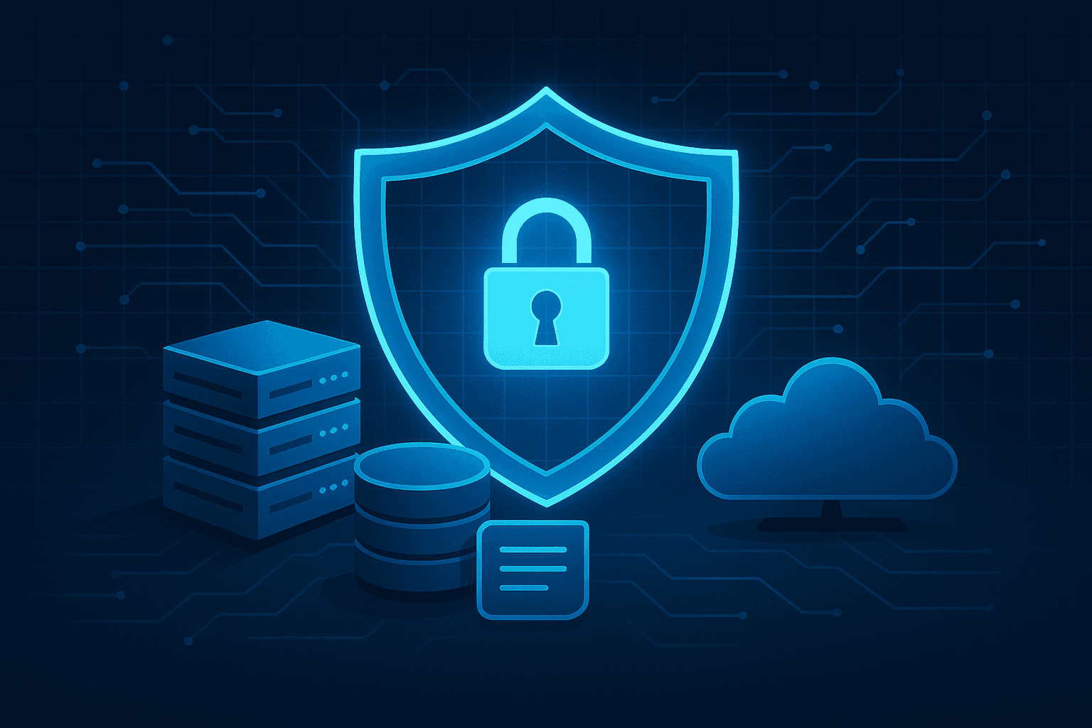 Illustration comparing cybersecurity and DevSecOps workflows, with shield icons, cloud infrastructure, and coding pipelines.