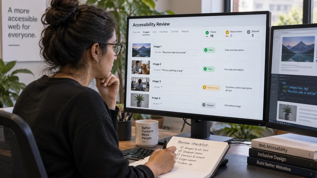 Accessibility QA engineer reviewing alt-text scan results, skipped checks, and image accessibility issues on dual monitors