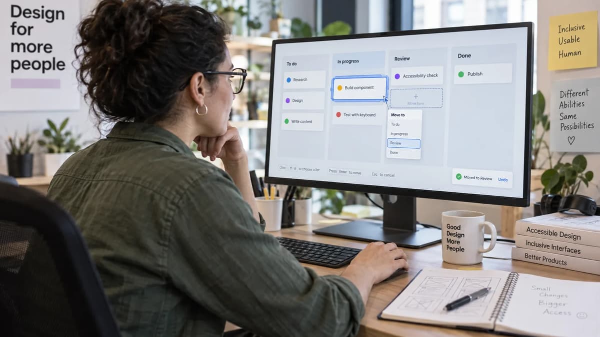 UI/UX designer testing accessible card reordering controls on a digital task board