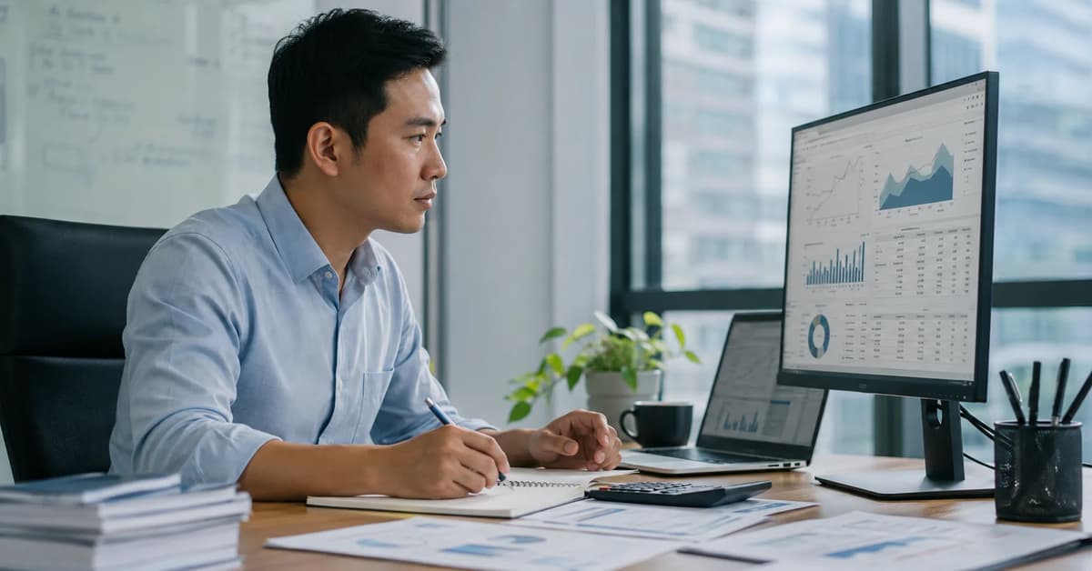 Actuary analyzing salary projections, financial risk data, and performance charts in a modern office