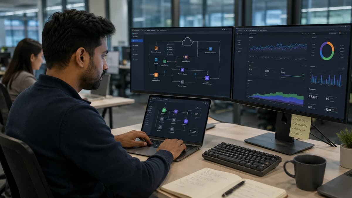 Cloud platform engineer monitoring persistent AI agent runtime architecture, infrastructure metrics, and observability dashboards at a workstation