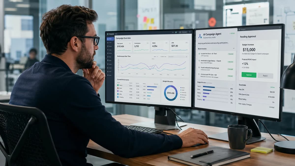 Digital marketer reviewing AI-controlled ad bidding, campaign performance, and budget approvals on dual monitors.