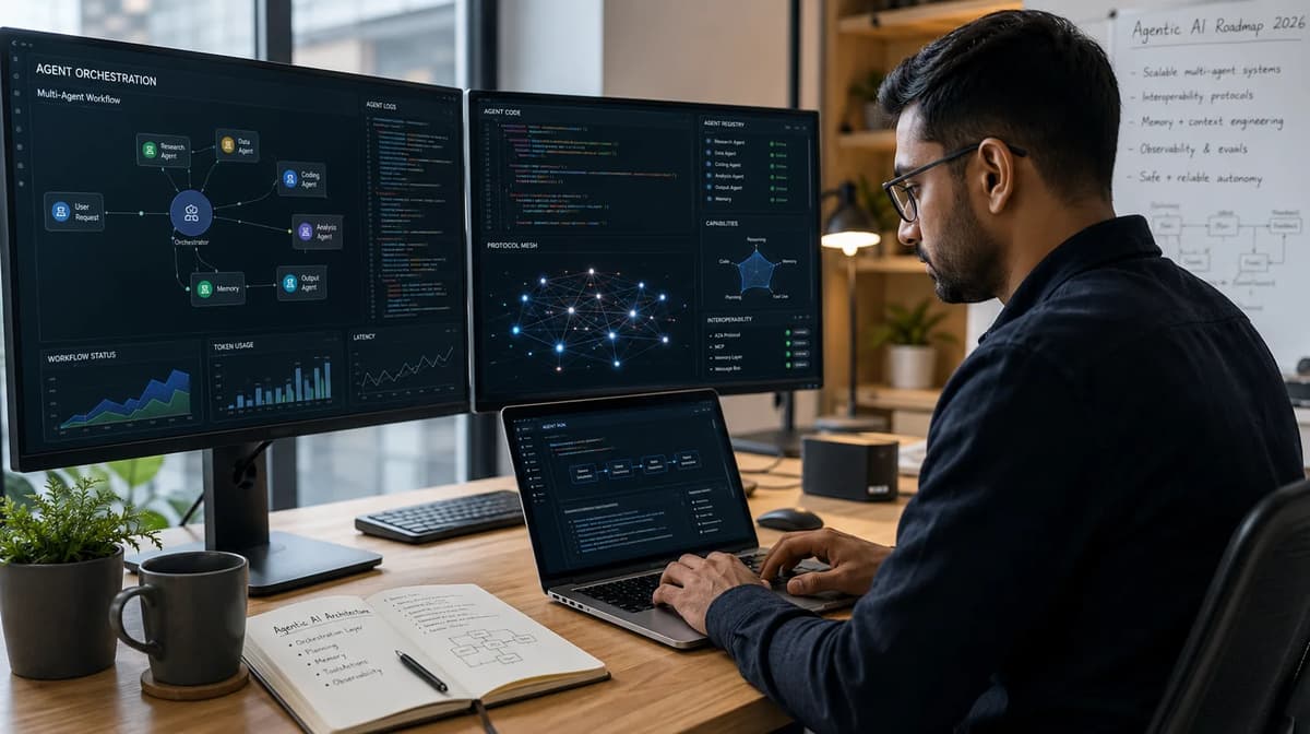 Agentic AI engineer working on multi-agent orchestration and AI protocol integrations at a modern workstation