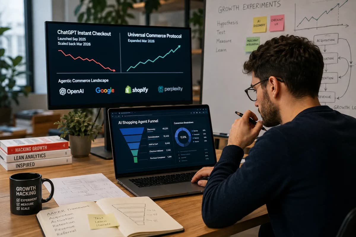 Growth hacker analyzing AI shopping-agent checkout data and agentic commerce conversion funnels on a laptop