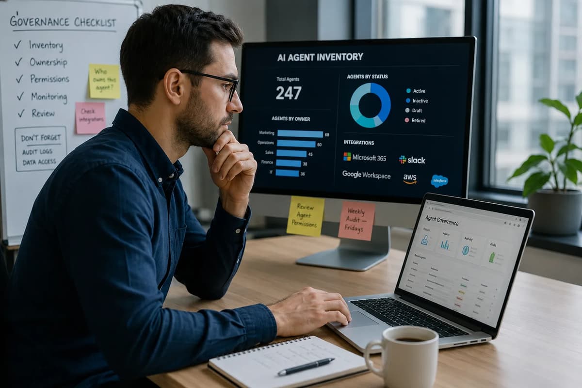 AI automation specialist reviewing an enterprise AI agent inventory and governance dashboard in a modern office