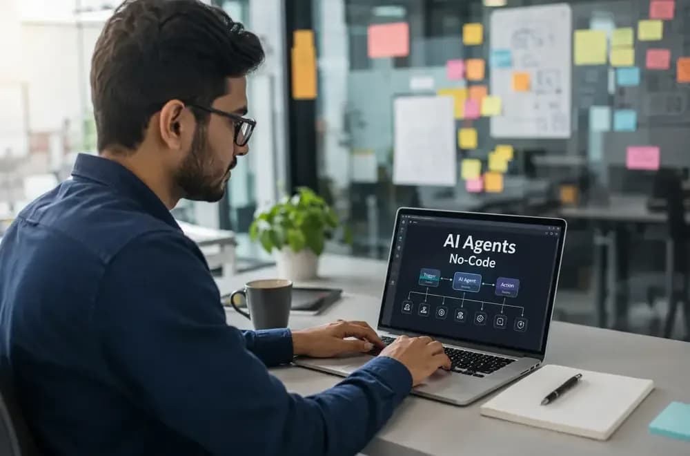Professional building a no-code AI agent workflow on a laptop in a modern office