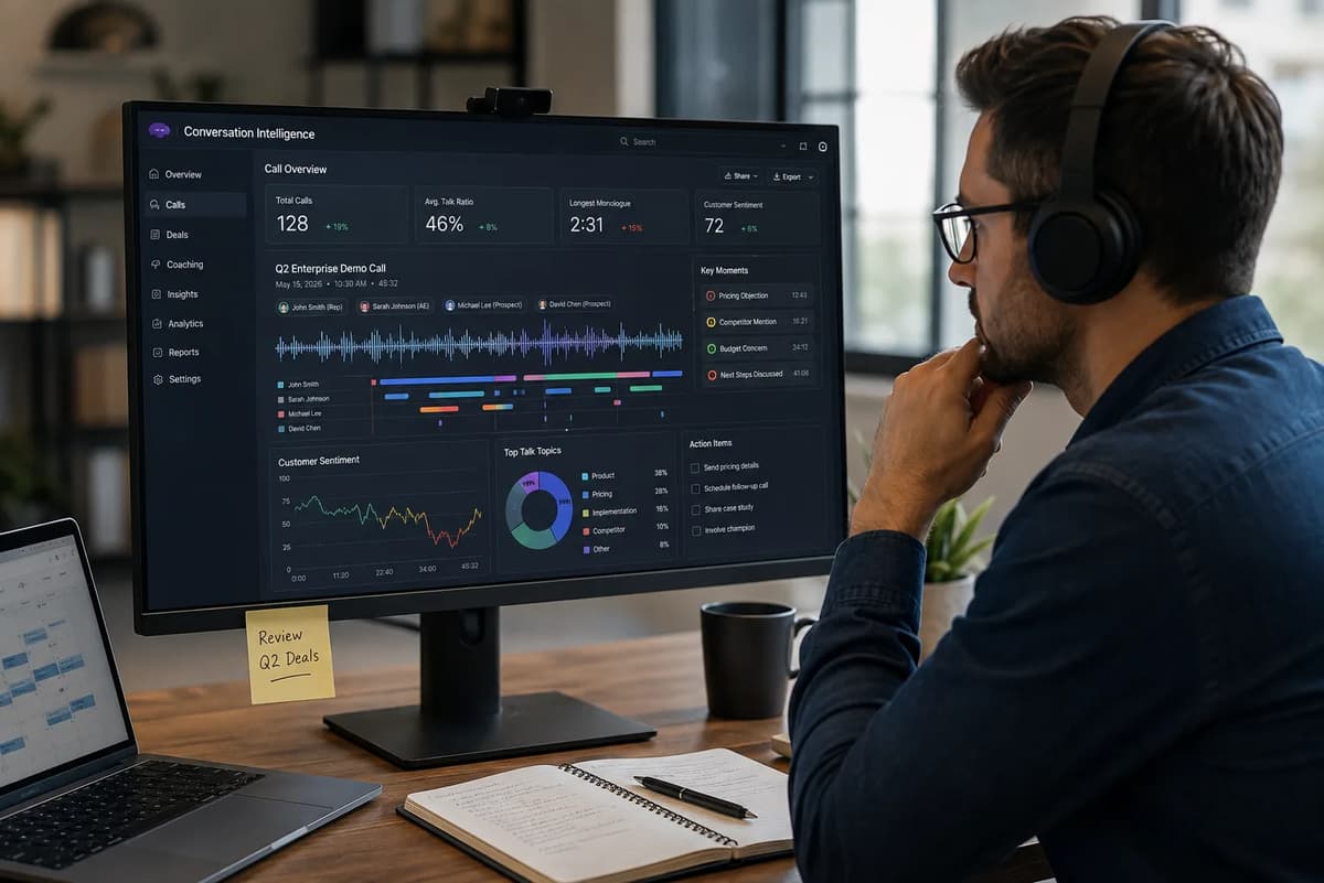 Sales operations professional reviewing an AI conversation intelligence dashboard for call coaching, sentiment analysis, and deal risk detection