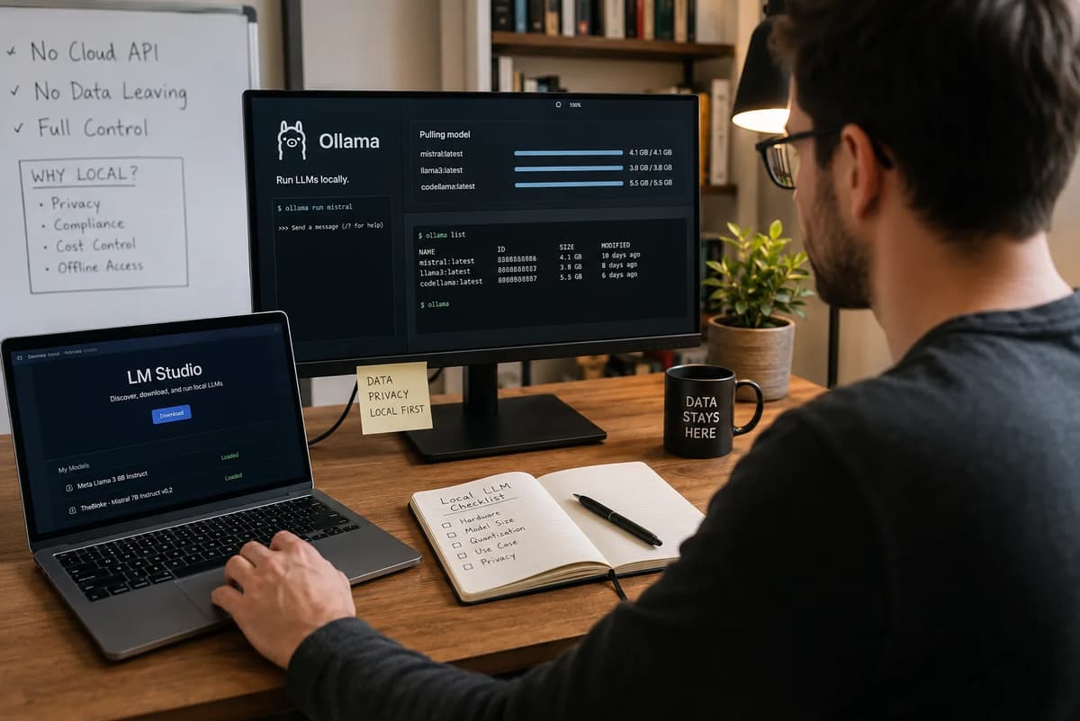 AI developer running local LLMs with Ollama and LM Studio on a private workstation