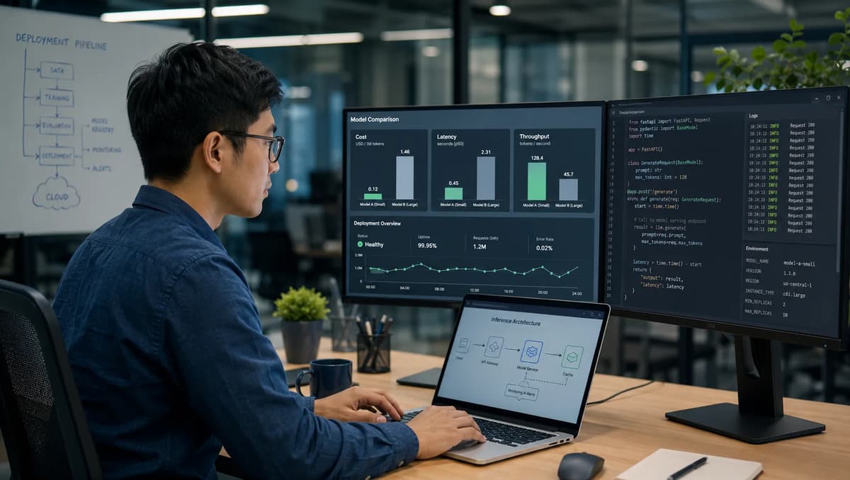 AI developer at work comparing small language model and frontier model deployment costs, latency, and throughput