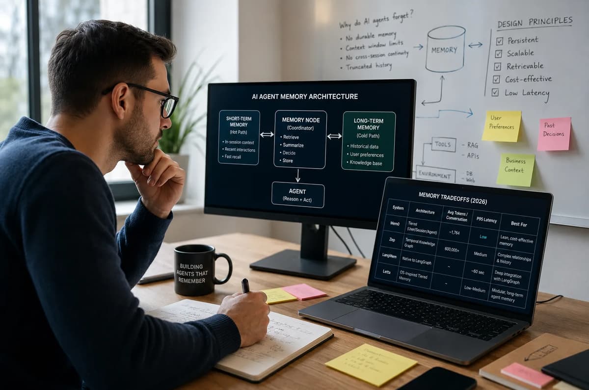 AI engineer reviewing an agent memory architecture with short-term and long-term memory systems