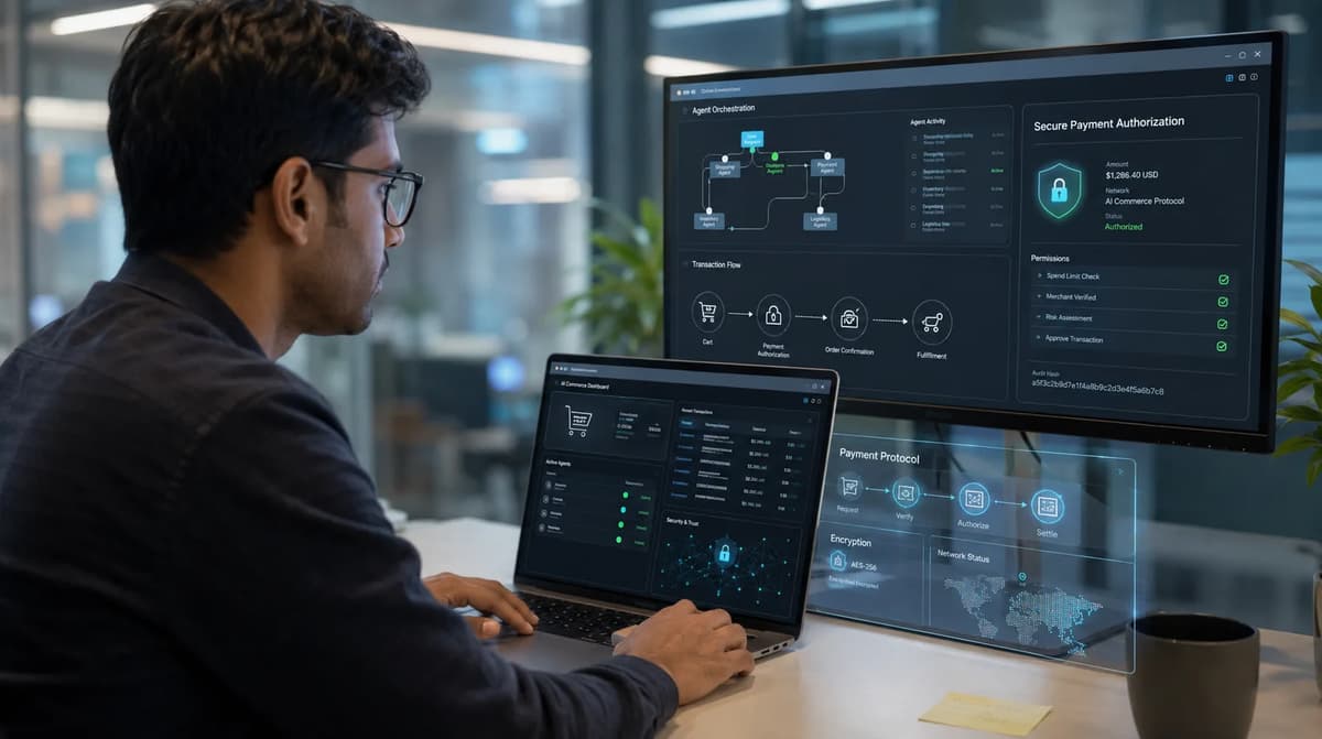 AI systems engineer monitoring secure agentic commerce and AI agent payment workflows in a modern office