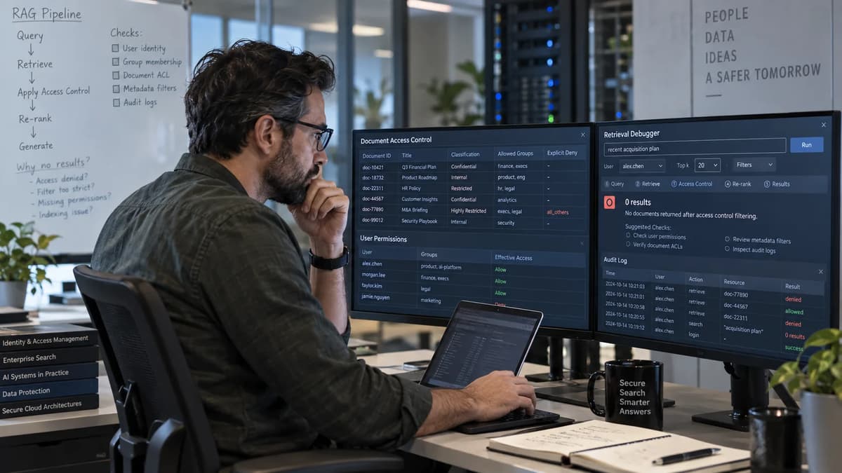 AI platform engineer debugging RAG document access controls and zero-result retrievals on secure monitoring dashboards