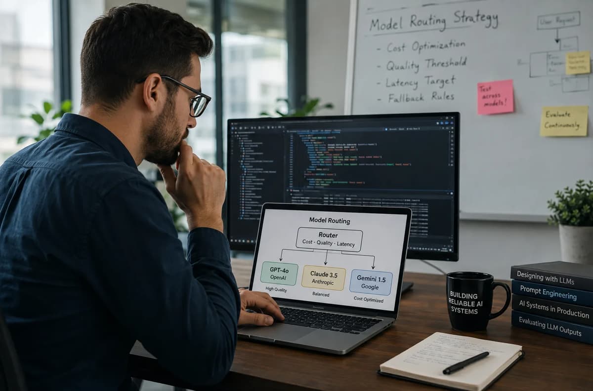 AI engineer testing a model-routing workflow across multiple language models in a modern office
