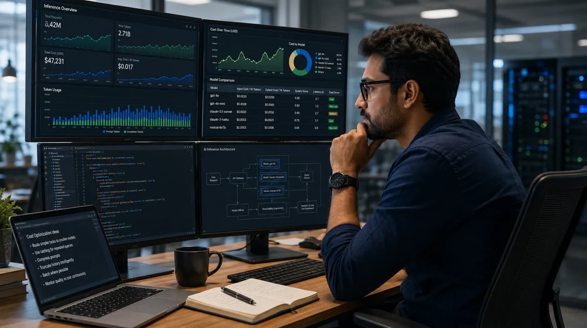AI engineer reviewing LLM inference costs, token usage, model pricing tiers, and optimization dashboards at a multi-monitor workstation