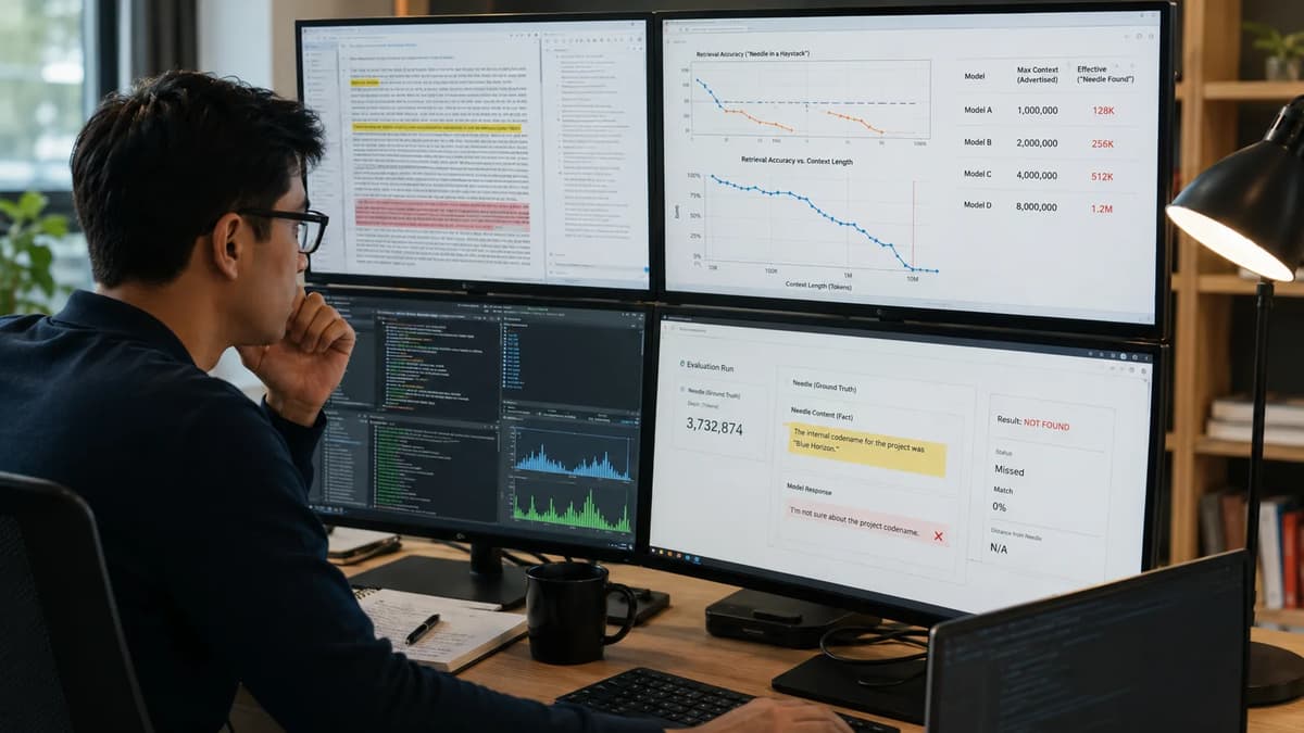 AI engineer testing long-context LLM retrieval accuracy across multiple monitors