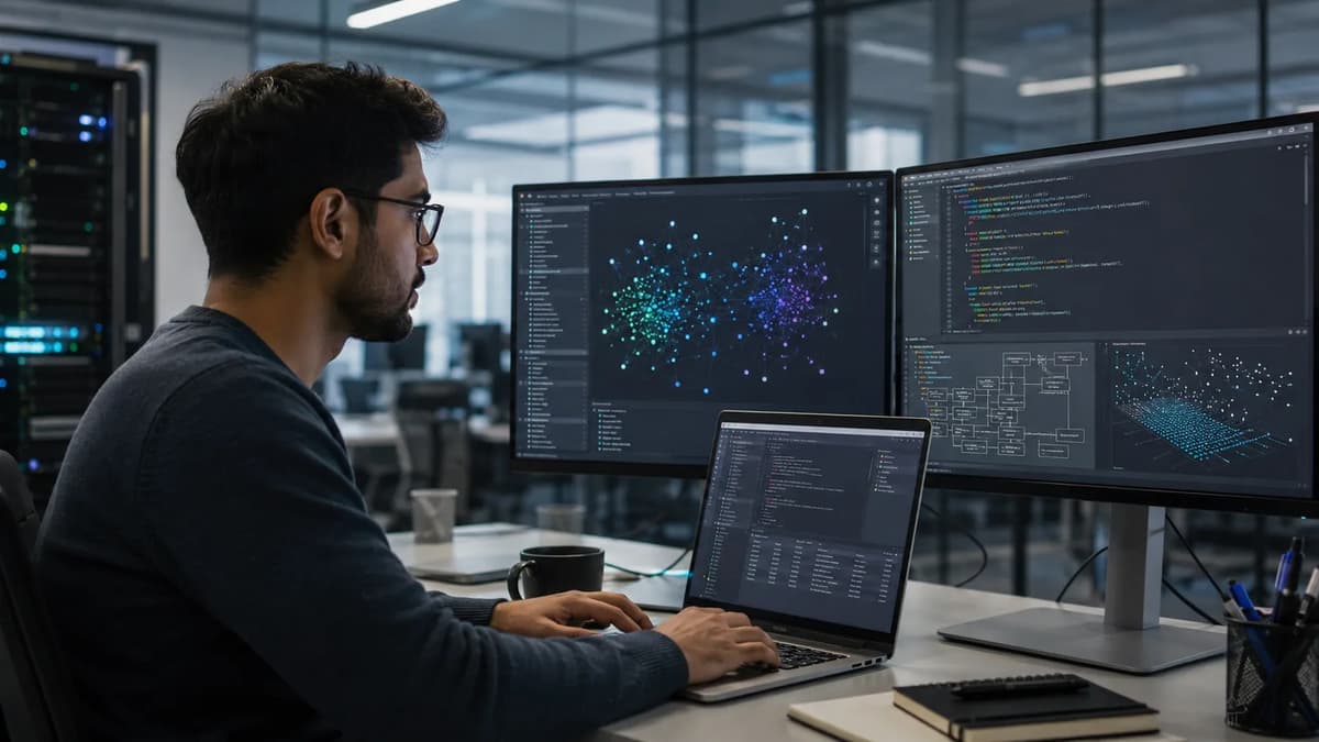 AI engineer analyzing vector database infrastructure and RAG architecture on multiple screens