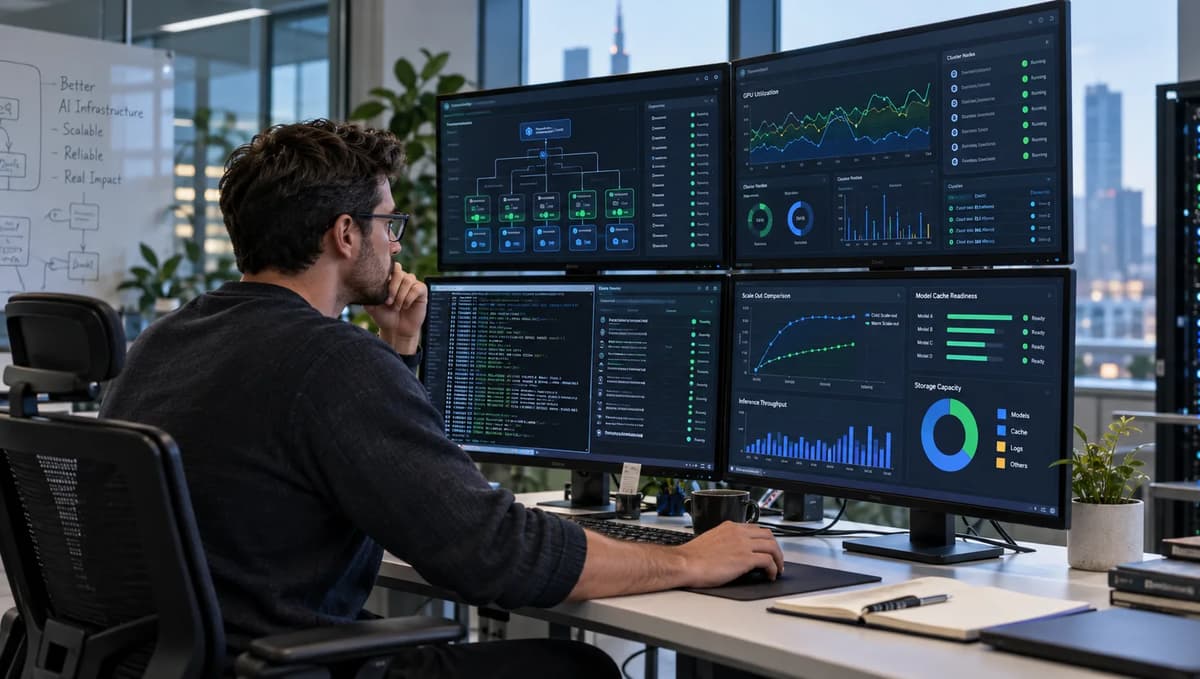 AI infrastructure engineer monitoring model caching, GPU utilization, storage capacity, and inference scale-out dashboards.