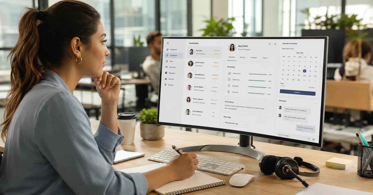 Talent acquisition specialist reviewing an AI recruiting dashboard for candidate screening and interview scheduling