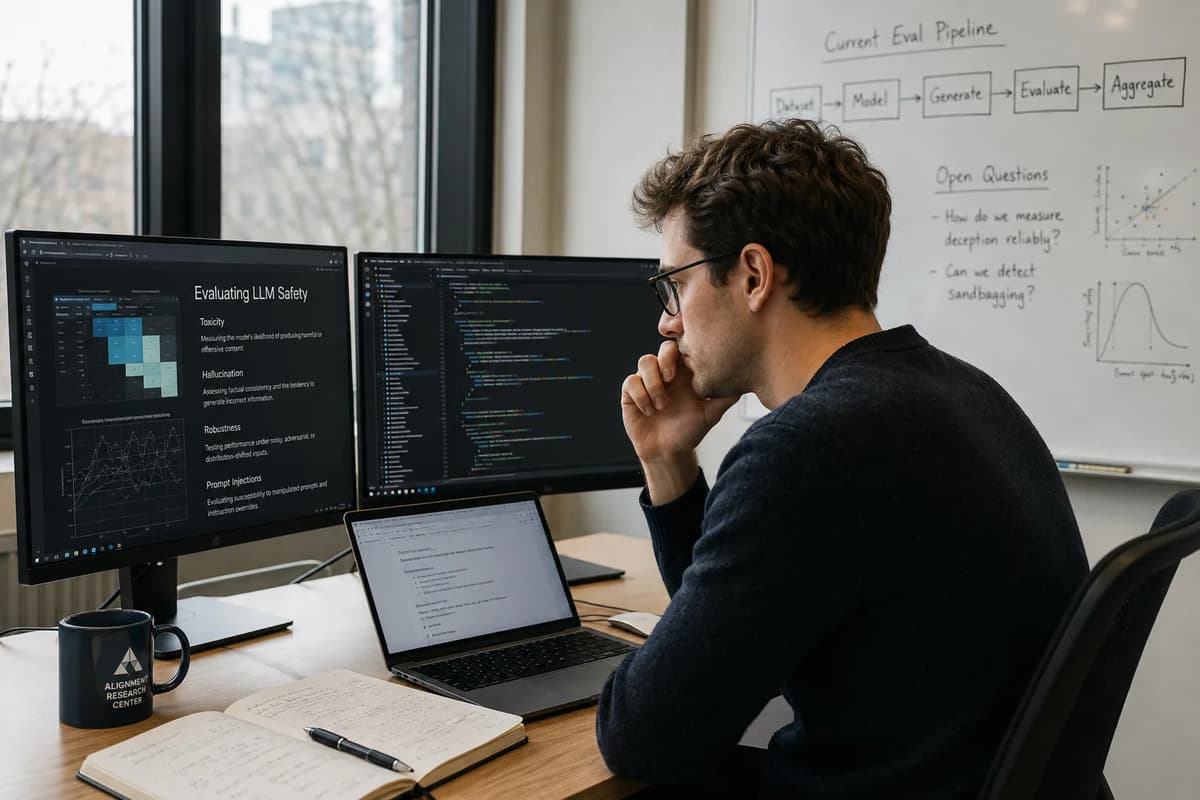 AI safety researcher evaluating LLM risks, model behavior, and alignment experiments in a modern research office