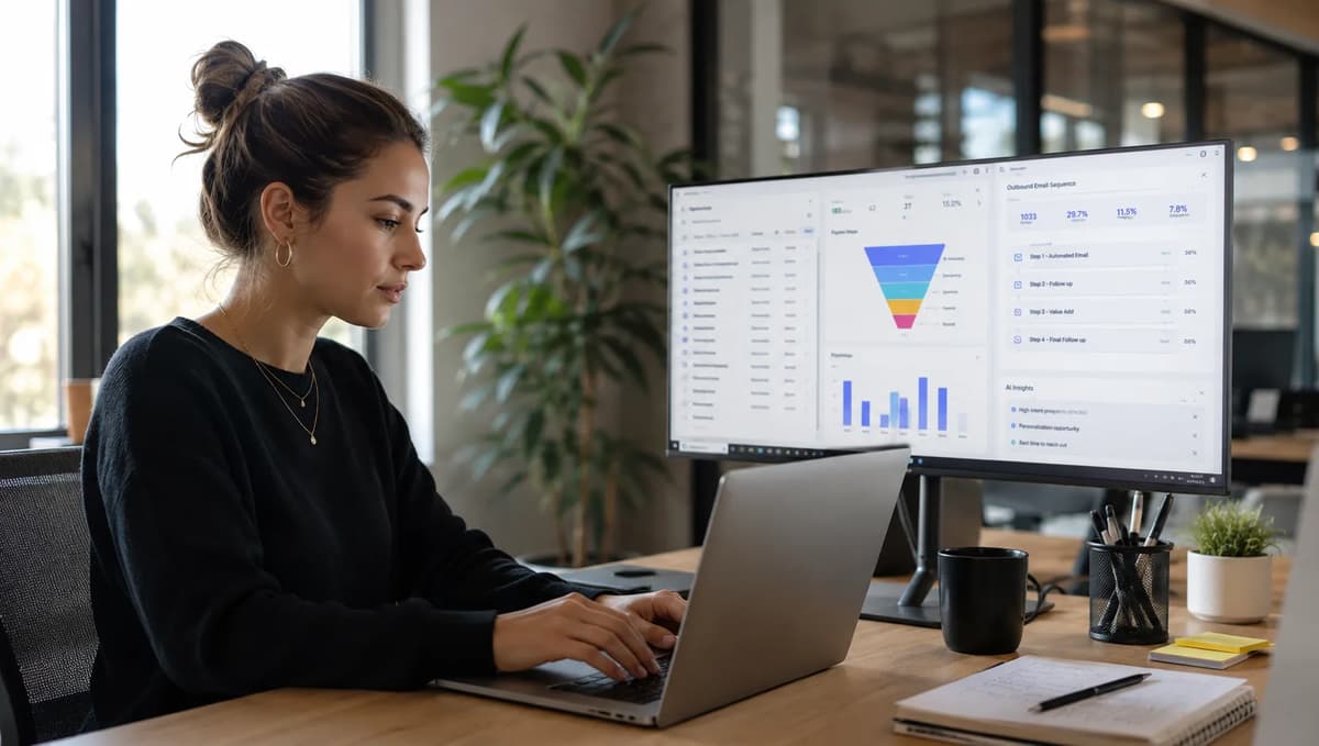 Business development professional using AI SDR tools and reviewing outbound sales analytics in a modern office