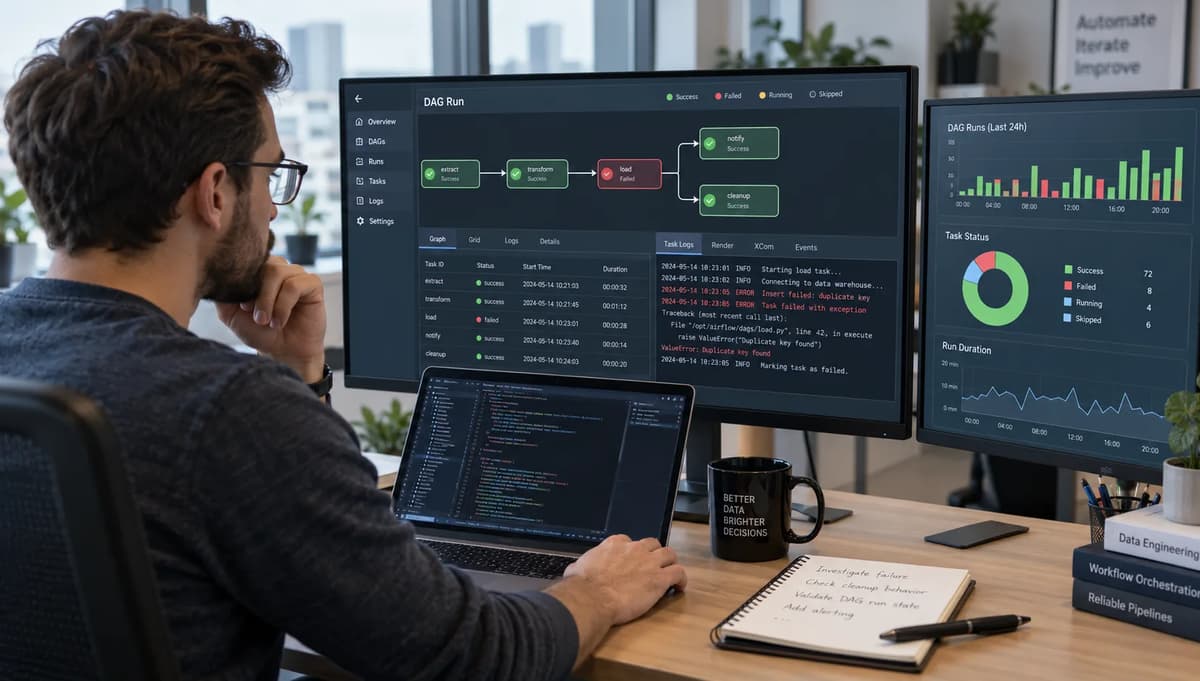 Data engineer investigating an Airflow DAG run where a failed task is masked by a successful cleanup task