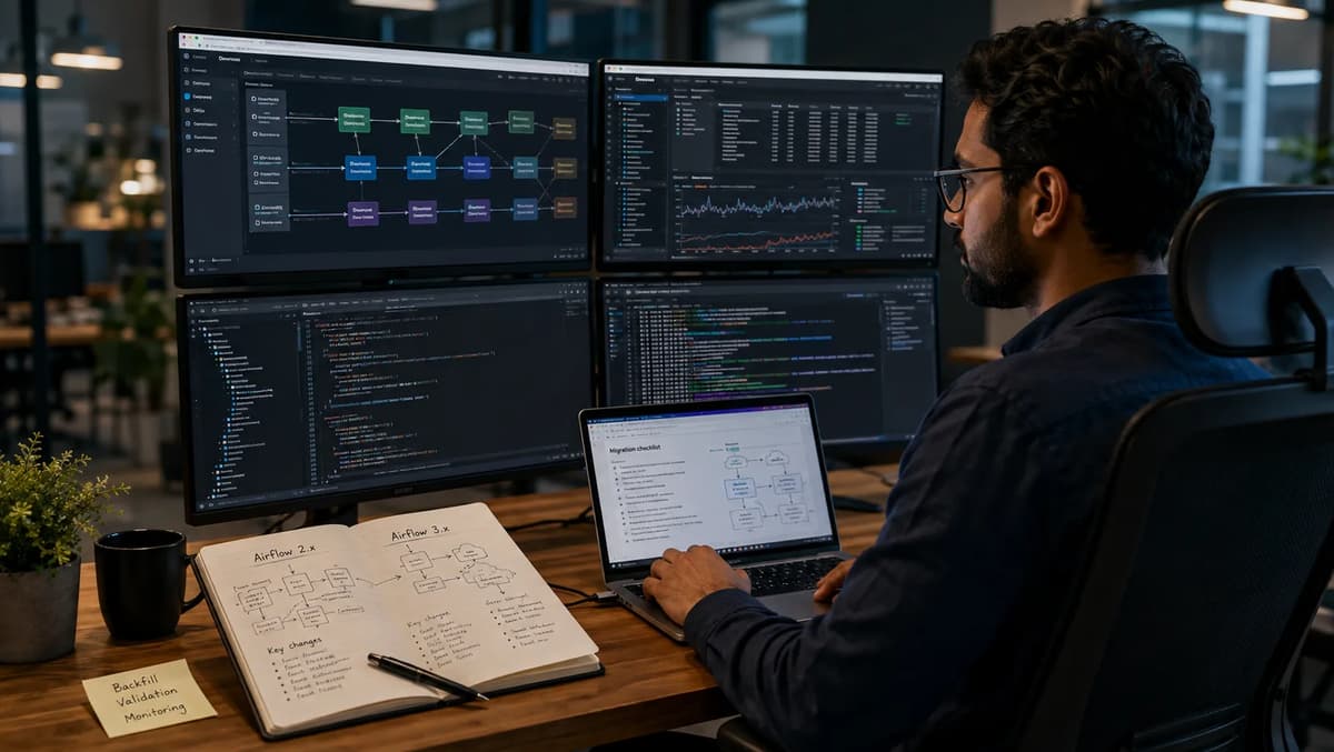 Data platform engineer reviewing Airflow migration dashboards, DAG workflows, code, and validation notes at a multi-monitor workstation