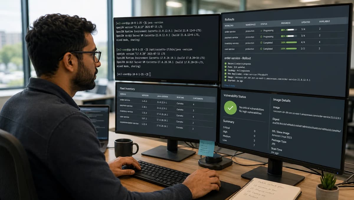 DevOps engineer monitoring Amazon Corretto Java runtime versions, Kubernetes rollouts, container image digests, and vulnerability status across multiple office screens