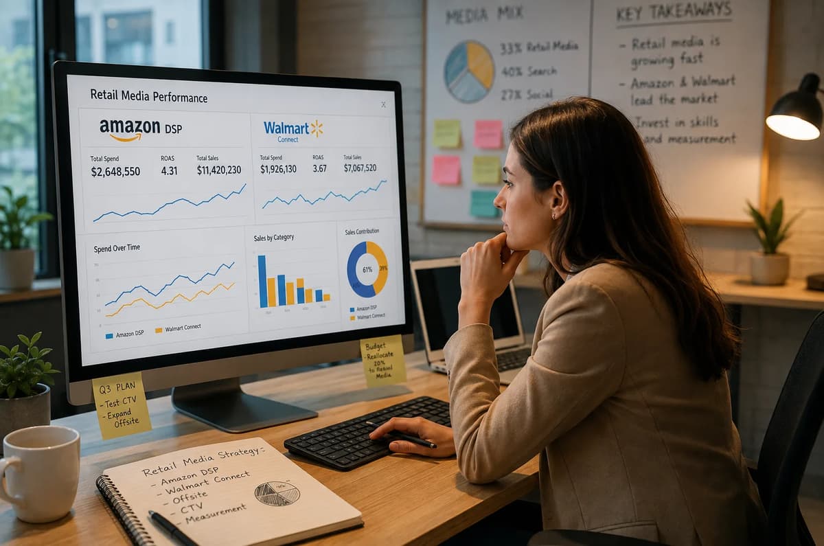 Digital marketing strategist analyzing Amazon DSP and Walmart Connect retail media campaign performance in a modern office
