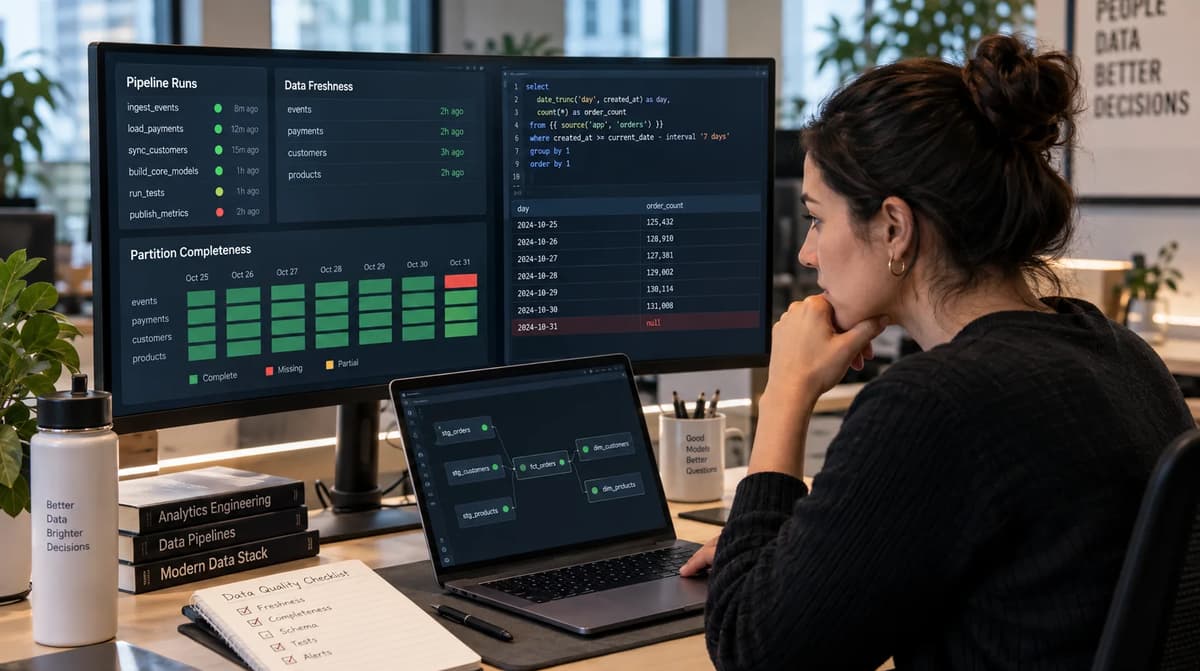 Analytics engineer reviewing dbt source freshness and missing partition checks on data pipeline dashboards
