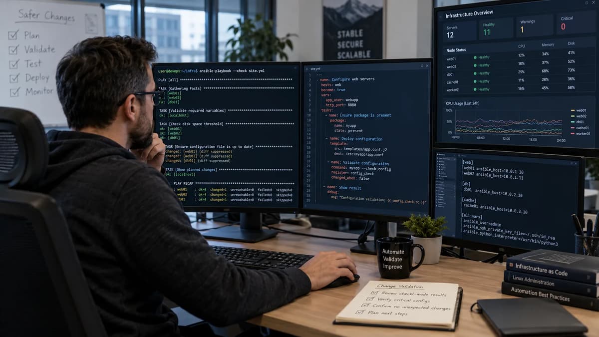 DevOps engineer reviewing Ansible check-mode output and configuration validation tasks at a workstation. Meta Title: