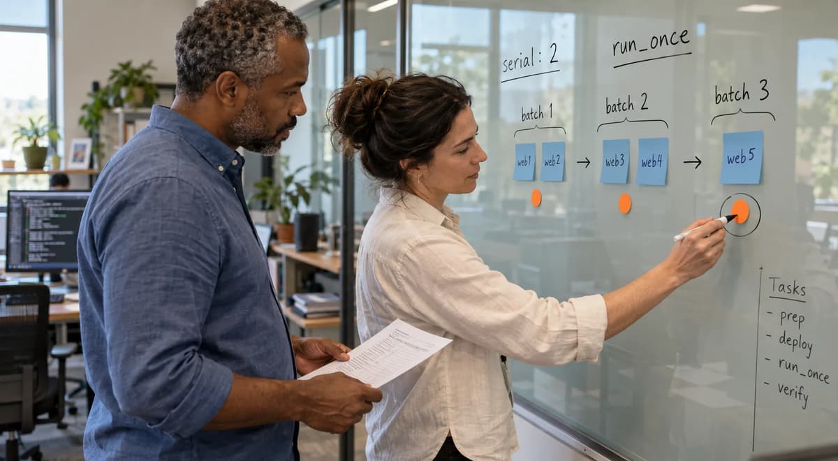 Two DevOps engineers review run_once execution across three Ansible serial batches on a glass planning board.