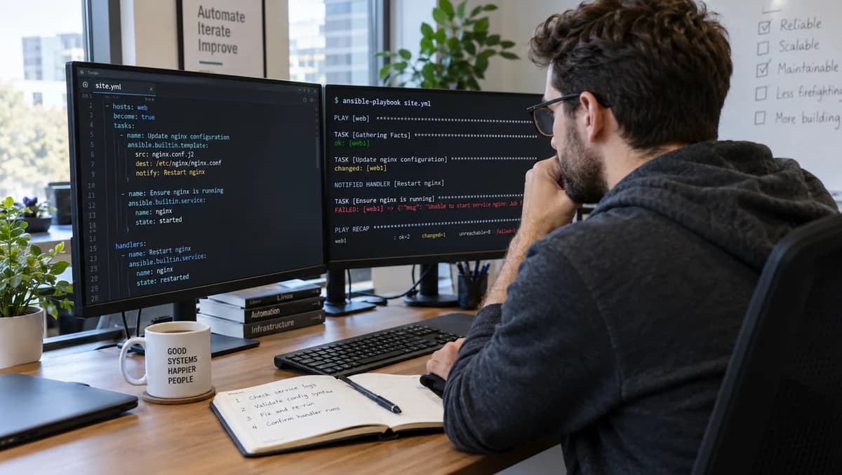 DevOps engineer reviewing an Ansible playbook and terminal logs to troubleshoot a skipped handler and stale configuration.