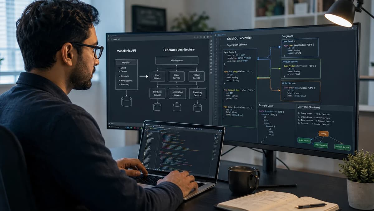 API developer working on a GraphQL Federation architecture with monolithic and federated API diagrams
