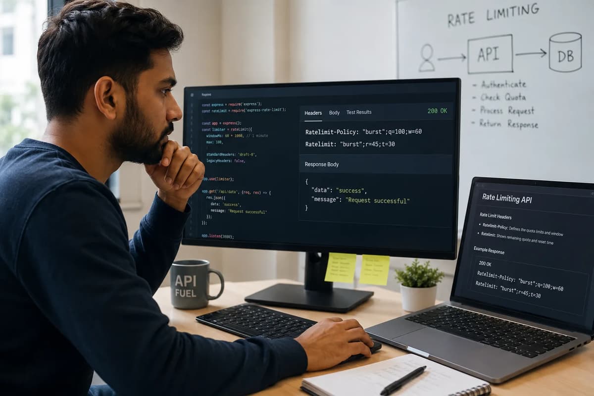 API developer implementing IETF RateLimit headers in a Node.js application at a modern workstation