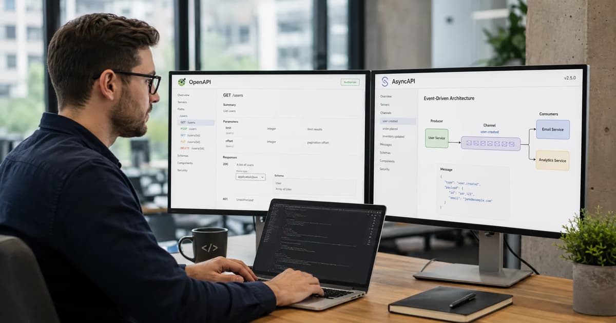 API developer comparing OpenAPI request-response documentation with AsyncAPI event-driven architecture on dual monitors