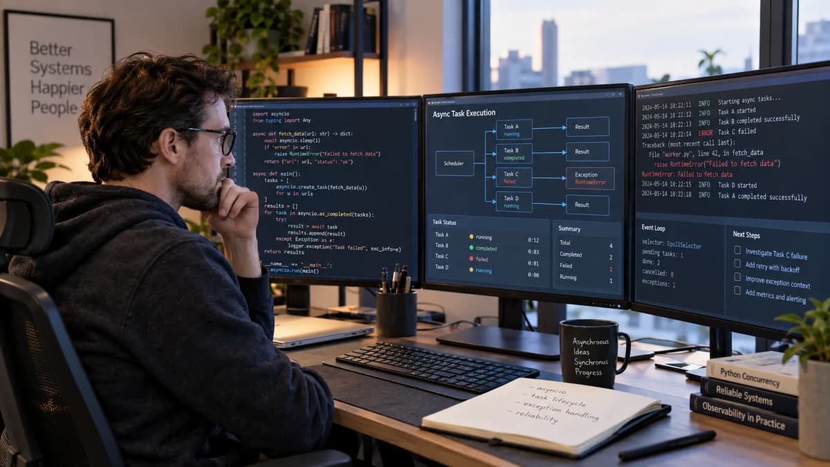 Python backend developer reviewing asyncio task execution and error logs at a workstation.